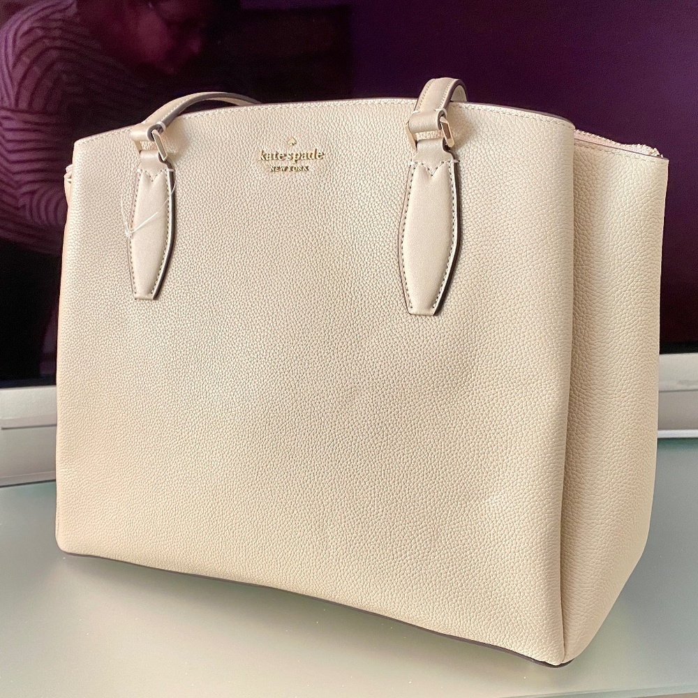 NWT KATE SPADE Monet Large Triple Compartment Tote - Light Sand Pebbled Leather